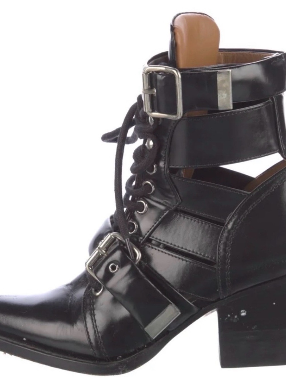 Chloe Rylee buckle and tie black vintage ankle low heal chunky combat boot